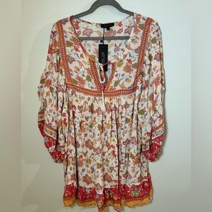NWT Rachel Zoe Orange Cream Floral Boho Bohemian Tunic w Sailor Collar sz 2X